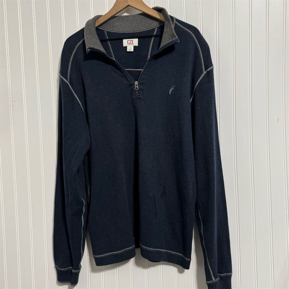 Cutter‎ & Buck L Navy Cotton Quarter Zip Pullover Sweater Contrast Stitch Golf